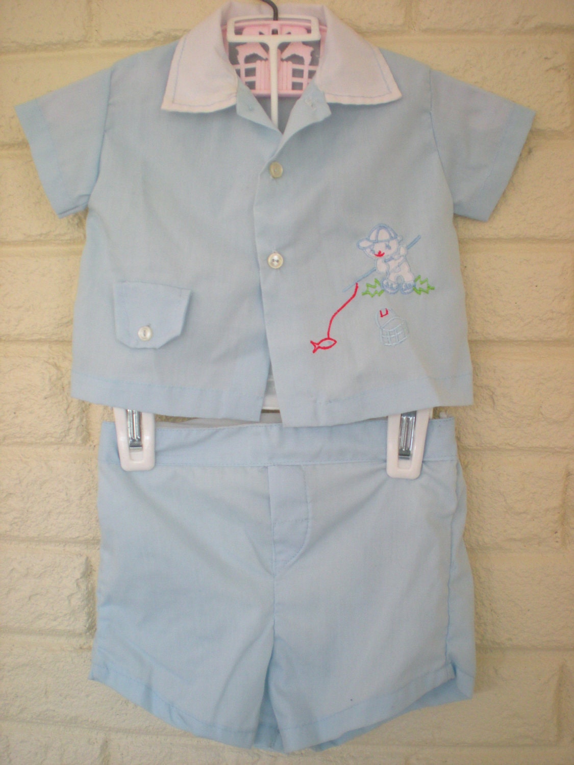 Clearance Sale, Gone Fishing, Vintage Bear Fishing Blue Outfit, 3-6 Months