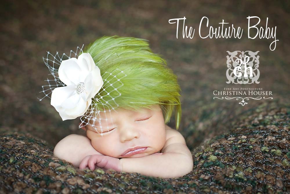 Gorgeous Vintage Kiwi Green Feather Pad with Pearl Embellishment photography prop Newborn Infant Toddler