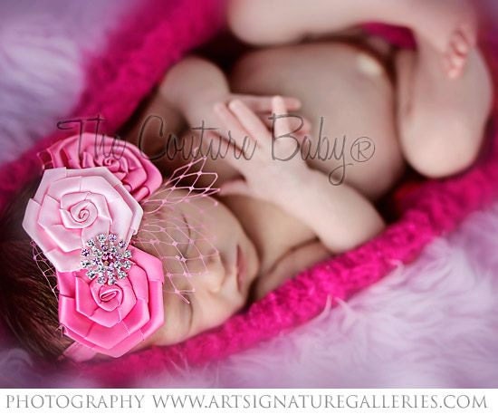 SLEEPING BEAUTY Hot Pink Rose Headband accented with Vintage Rhinestone Cluster great Photo Prop