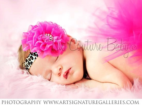 LEOPARD LADY Couture Hot Pink Rose Chiffon with Vintage Rhinestone Headband Photography Prop