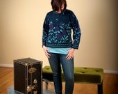 Sale- Knit Roses-Navy Teal and Purple- Vintage crop Sweater -Medium