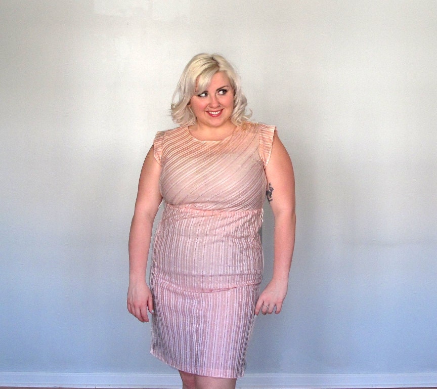 SALE-Peachy Pink Pastille Pinstripe -Plus size Dress- Wiggle- Vintage- XL- stripe