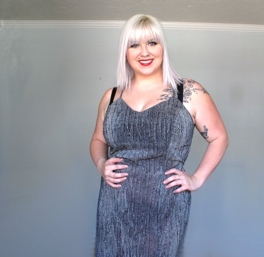 Firework-Sparkling stars- Vintage Lingerie -Silver- plus size- xl xxl- slip- Night dress- gown- dress
