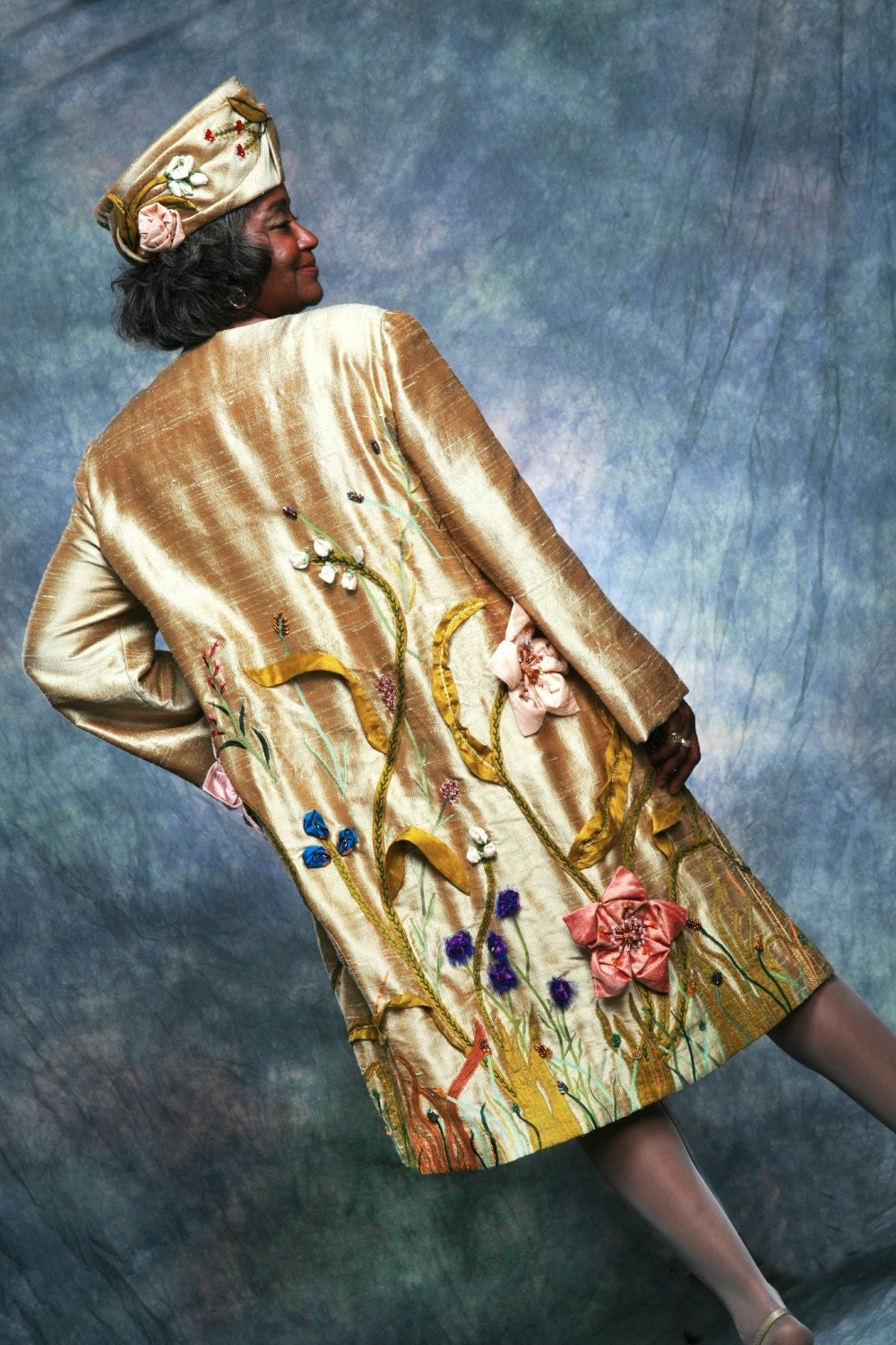 Couture SAMPLE SALE Golden Garden Coat and Hat, Art Jacket by MaryGwyneth Fine Wearable Art OOAK