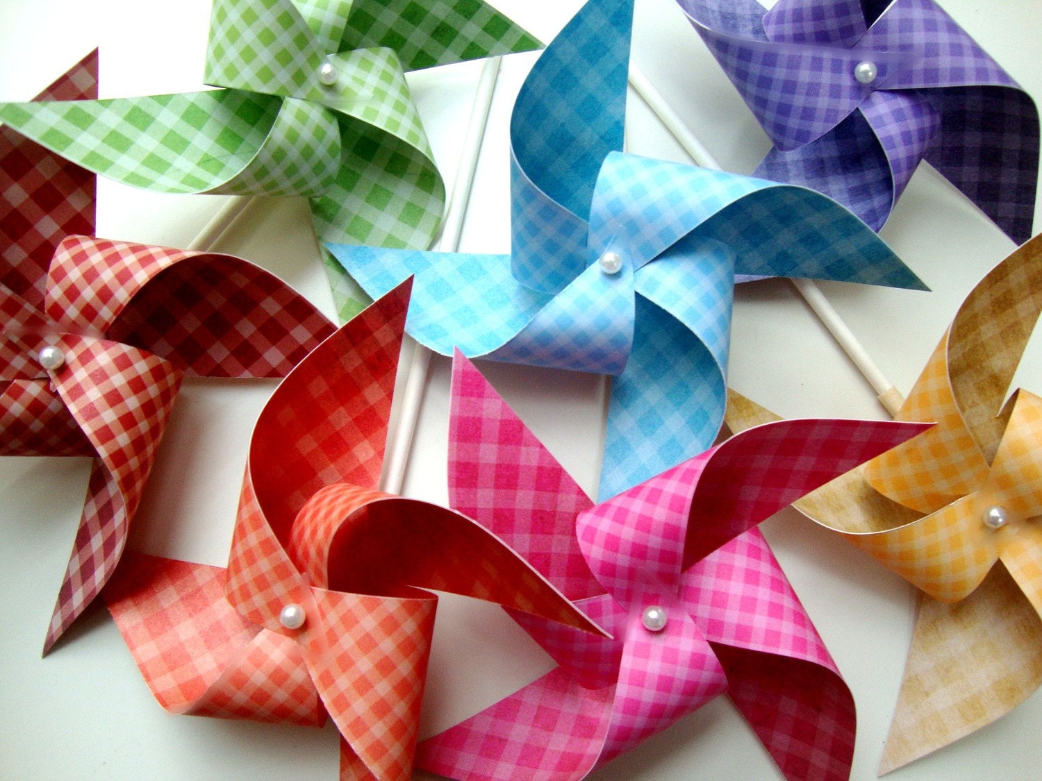 Pinwheels GINGHAM RAINBOW set of 7 mini pinwheels...