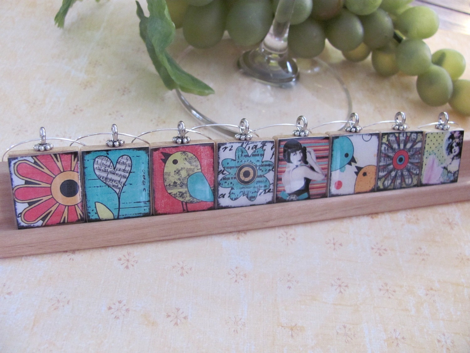 FUN TIMES  Reversible Scrabble Tile Wine Charms   Set of 8