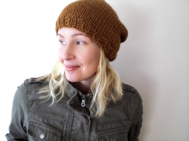 Hand knit slouchy hat / autumn spice / butterscotch / curry / urban rustic / yellow brown / winter / roving wool / country chic / unisex