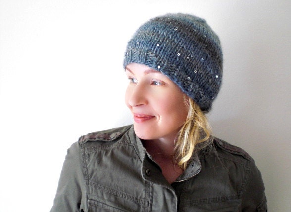 Hand knit hat / winter / blue / gray / rustic / autumn / pastel / earthy / country chic / sequins / for her / Maybe the White Dog