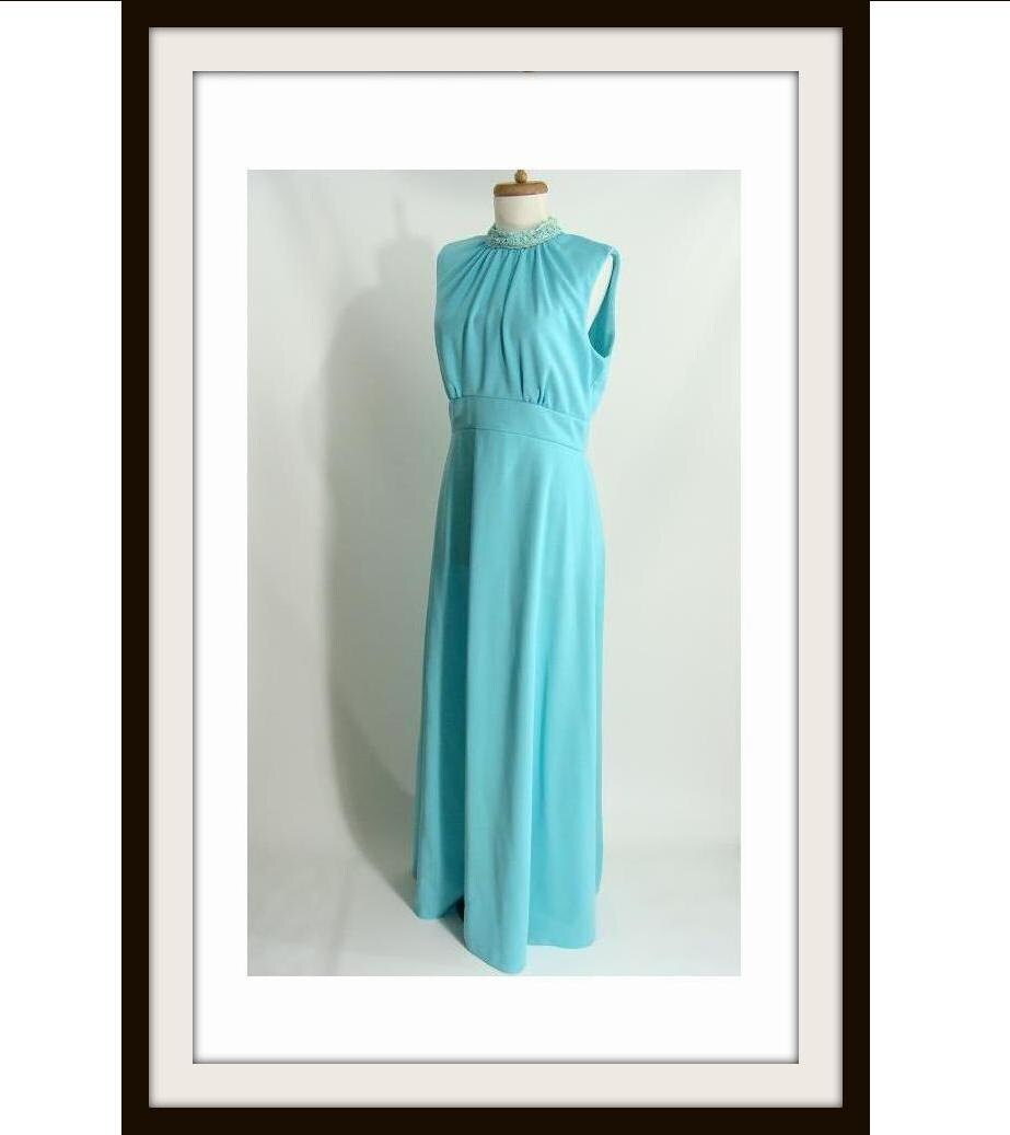 vintage 70s 2 pc Robins Egg Blue Maxi Dress Gown Pearl Trim with Jacket DIY mini dress L 12 14