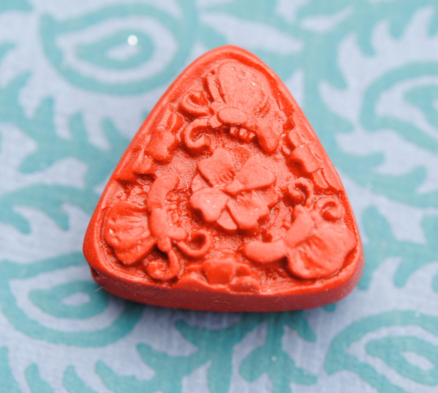 Cinnabar Beads, Red, Vintage Carved Triangle Beads, 19x21mm (6)