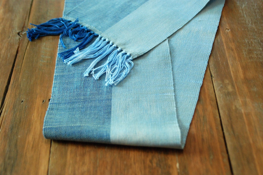 Hand-dyed Light and Dark Blue Handwoven Table Runner
