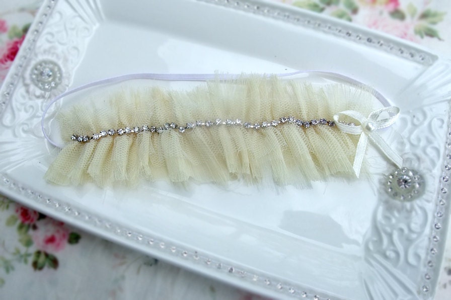 Shabby Chic Ruffled Chiffon and Diamontes Cream Vintage Skinny Headband Baby Child Girls