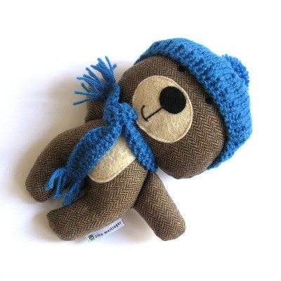 Teddy bear plushie handmade rag doll toy stuffed animal brown blue 25 cm 9.8"