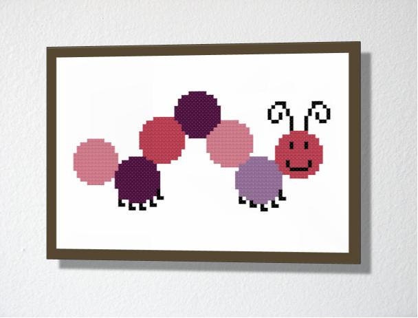 Counted Cross stitch pattern PDF. Instant download. Cute Caterpillar. Includes easy beginner instructions.