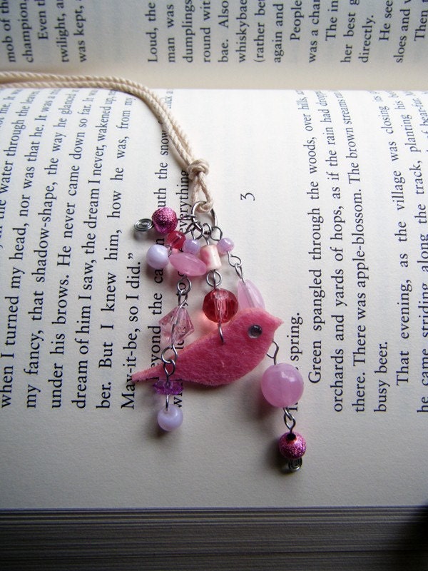 Easter Bookmark Cream Cotton Double Book Thong with Pink Felt Bird  Book Thong