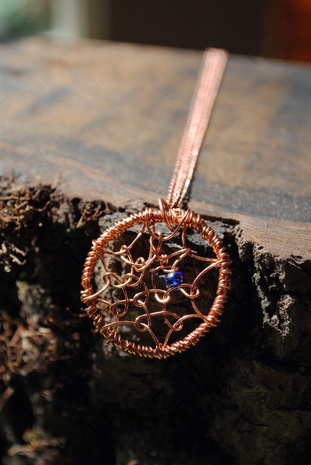 Dreamcatcher Pendant Necklace on Chain, Copper Wire with Blue Glass