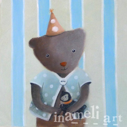 Baby boy room wall decoration, kids room art, original nursery animal decoration, circus teddy bear painting by inameliart