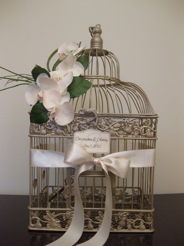 Glam Wedding Card Box / Champagne Birdcage / Orchids / Romantic / Bird Cage Card Holder / Gold