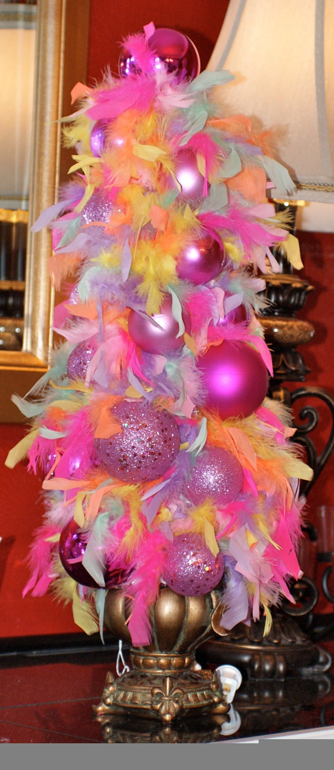 Little Girl feather boa and pink ornament Topiary (Lighted). Black Friday Etsy, Cyber Monday Etsy.