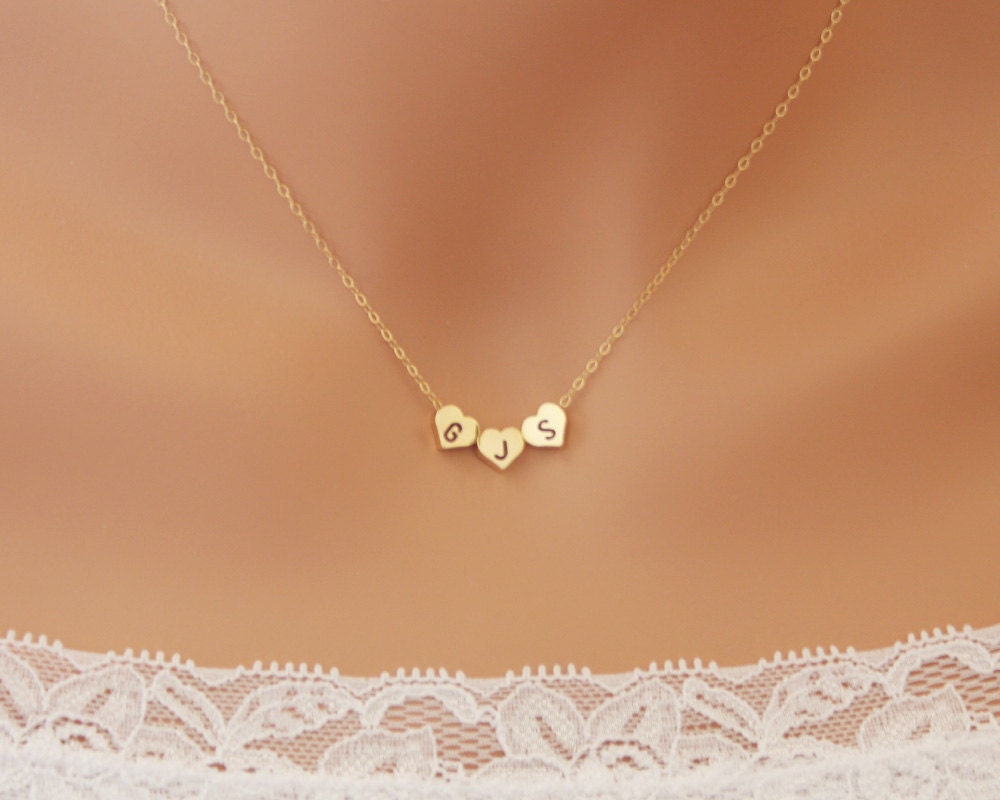 THREE Hearts Initial reversible necklace - wedding bridal jewelry, bridesmaids gifts favor, engraved personalized necklace for mother mom