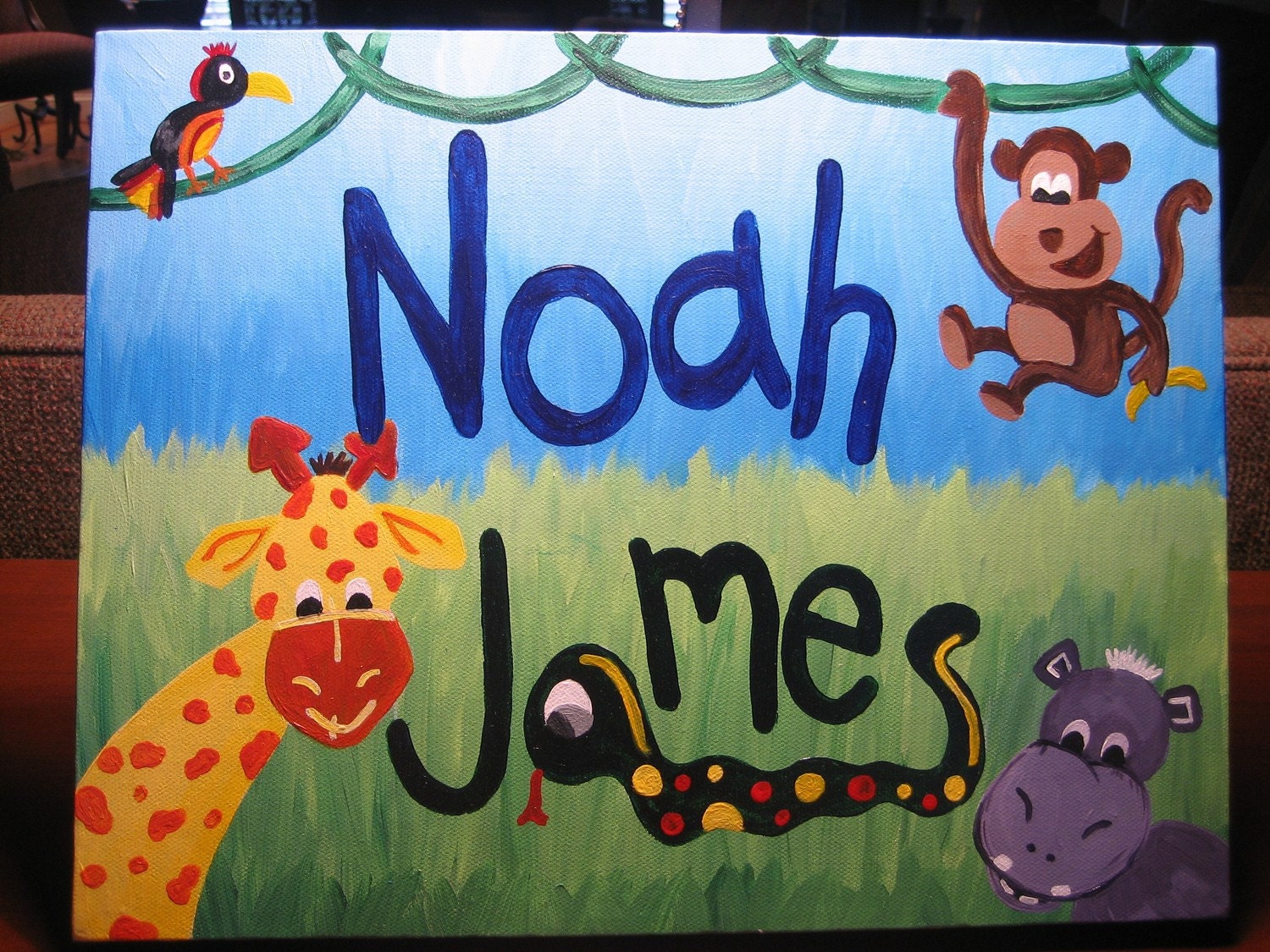 Jungle animals customized children's painting, 11x14" canvas - LolliArt