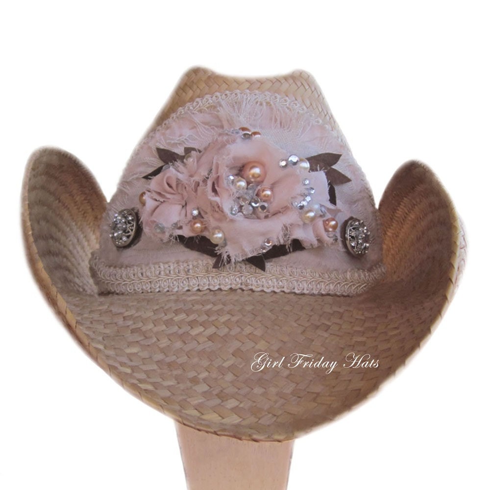 Silk Roses. Rhinestone & Pearls Handmade Embellished Designer Cowboy Hat