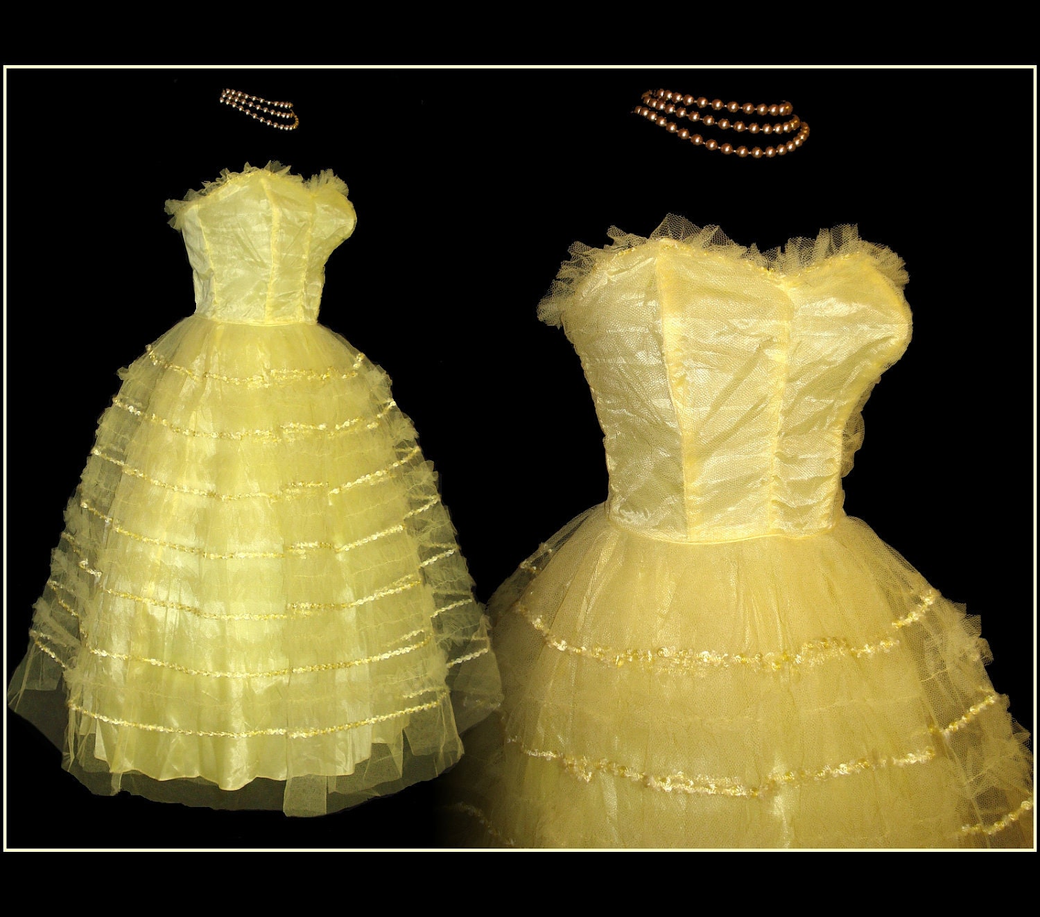Vintage 1950s Yellow Tulle Dress Femme Fatale Garden Party Mad Men Prom Pinup Bombshell Rockabilly Ballerina Cupcake Wedding Couture