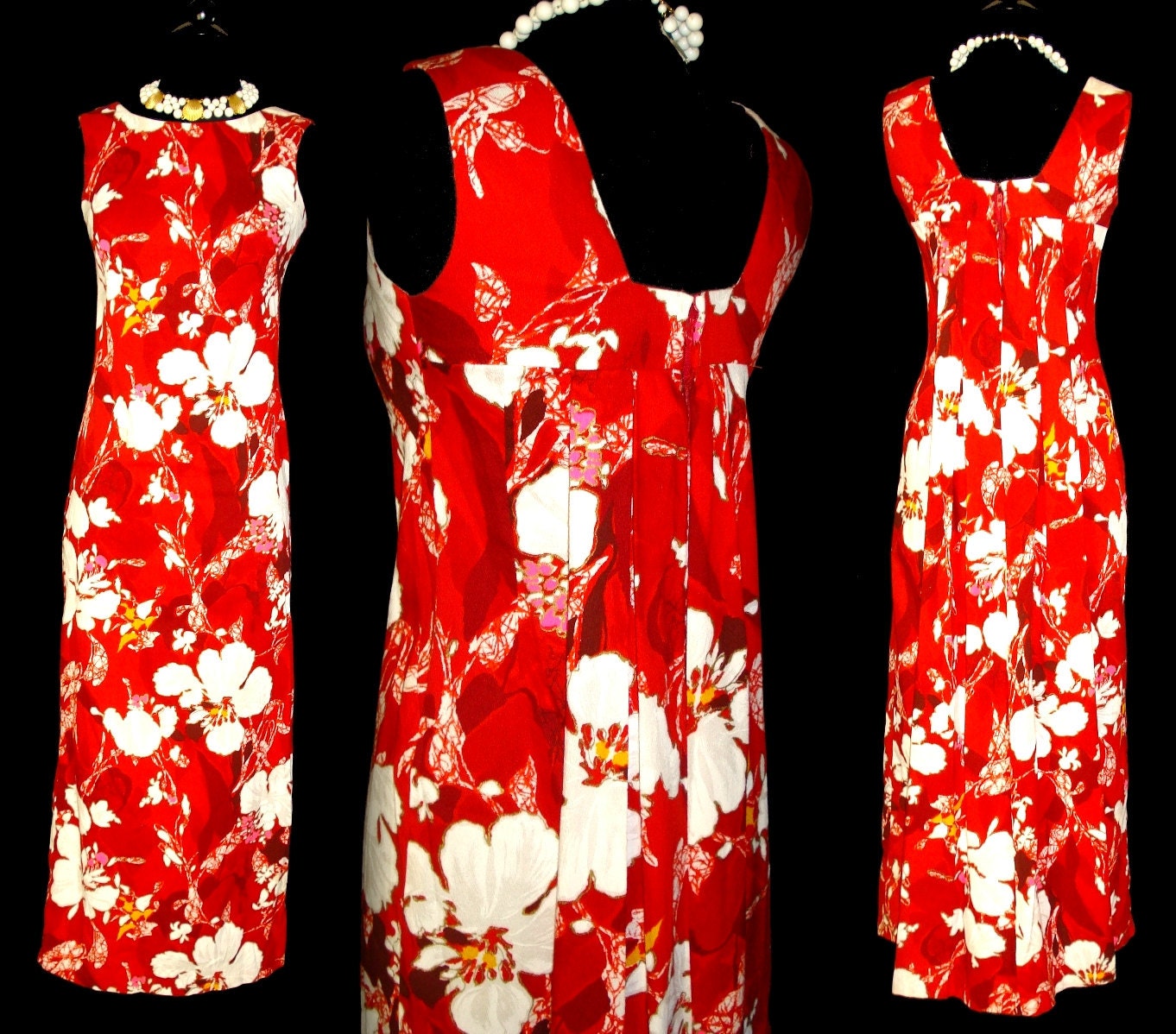 Reserved 1950s 1960s Red Kamehameha Hawaiian Wiggle Dress Gown Mad Men Pencil Wiggle Hourglass Garden Party Rockabilly Pinup Cocktail Cruise