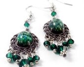 Victorian inspired earrings - Antique Silver and Emerald Glass Opal - Elegantly Yours