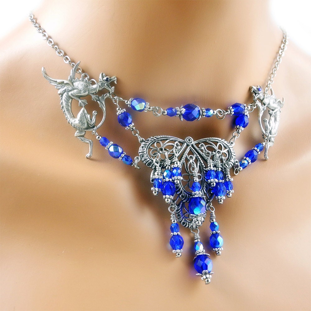 Dragon Necklace Antique Silver & Cobalt AB, Treasure Keepers, Dragon Queen