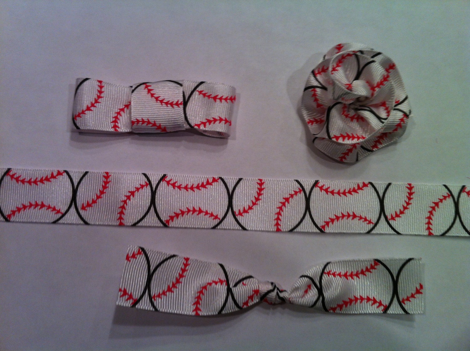 Buy baseball softball headbands - Headband Hairclip Se.t 1 headband with 3 bows.  Baseball or Softball. Red and White. Custom Order read below.