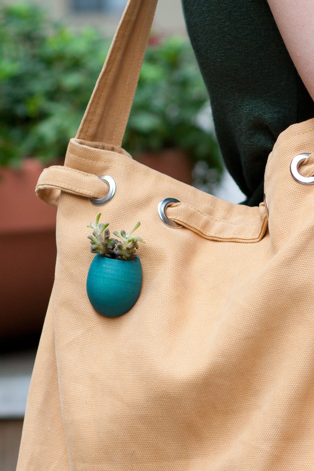A Planter for Your Tote in Teal: A Wearable Planter - wearableplanter