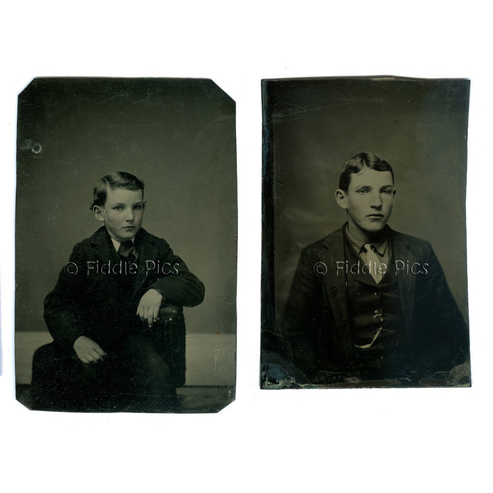 Tintype Photos / Antique Portrait SAME BOY, Youngster and Teenager / Vintage Suit, Tie, Watch Fob