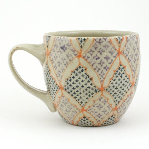 Teacup - Ceramic Mug - Cup with orange, navy and purple pattern