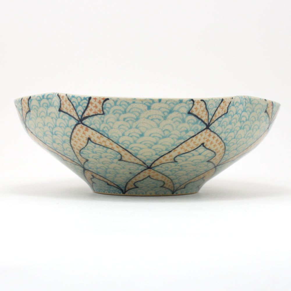 Ceramic Bowl with Blue and Salmon Pattern