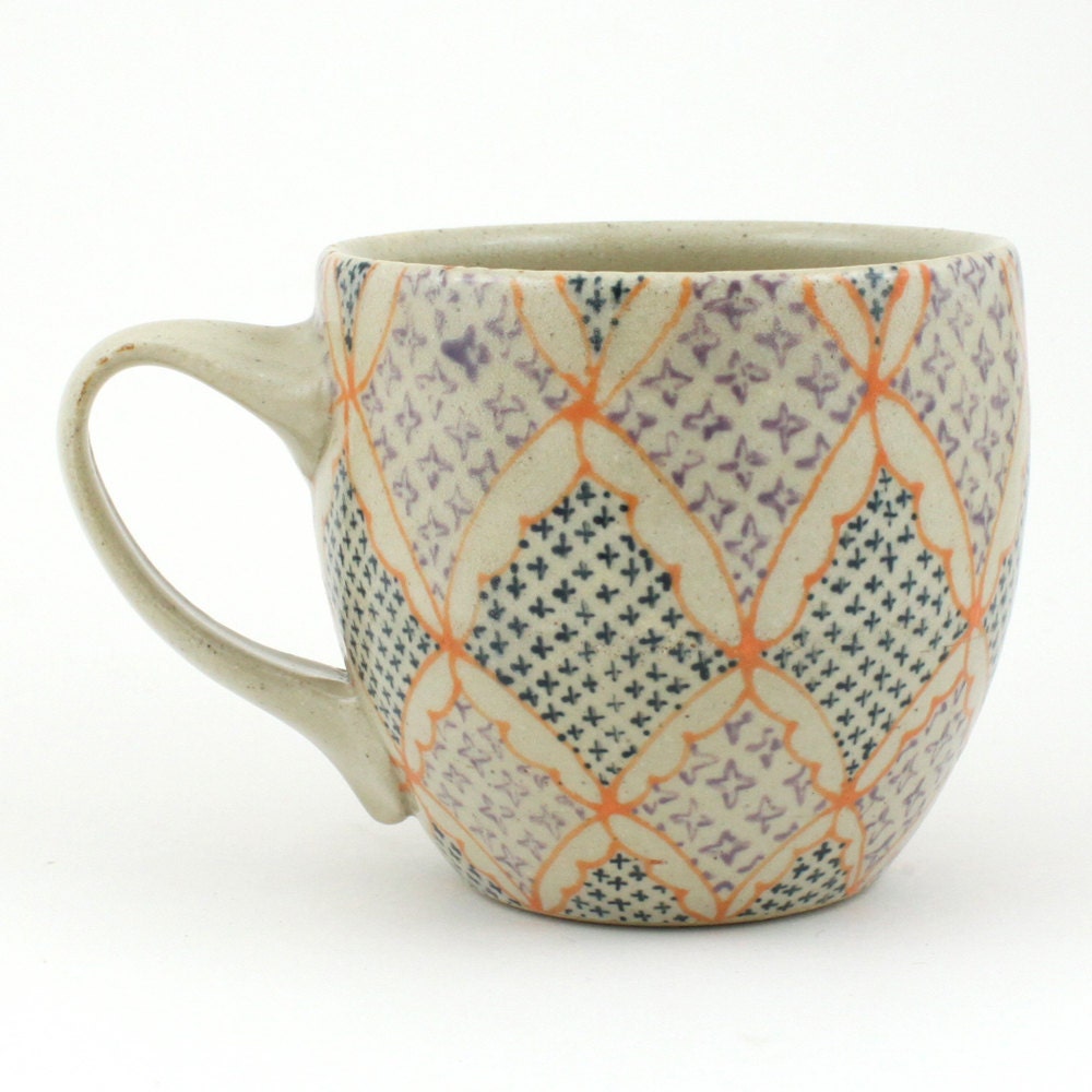 Teacup - Ceramic Mug - Cup with orange, navy and purple pattern