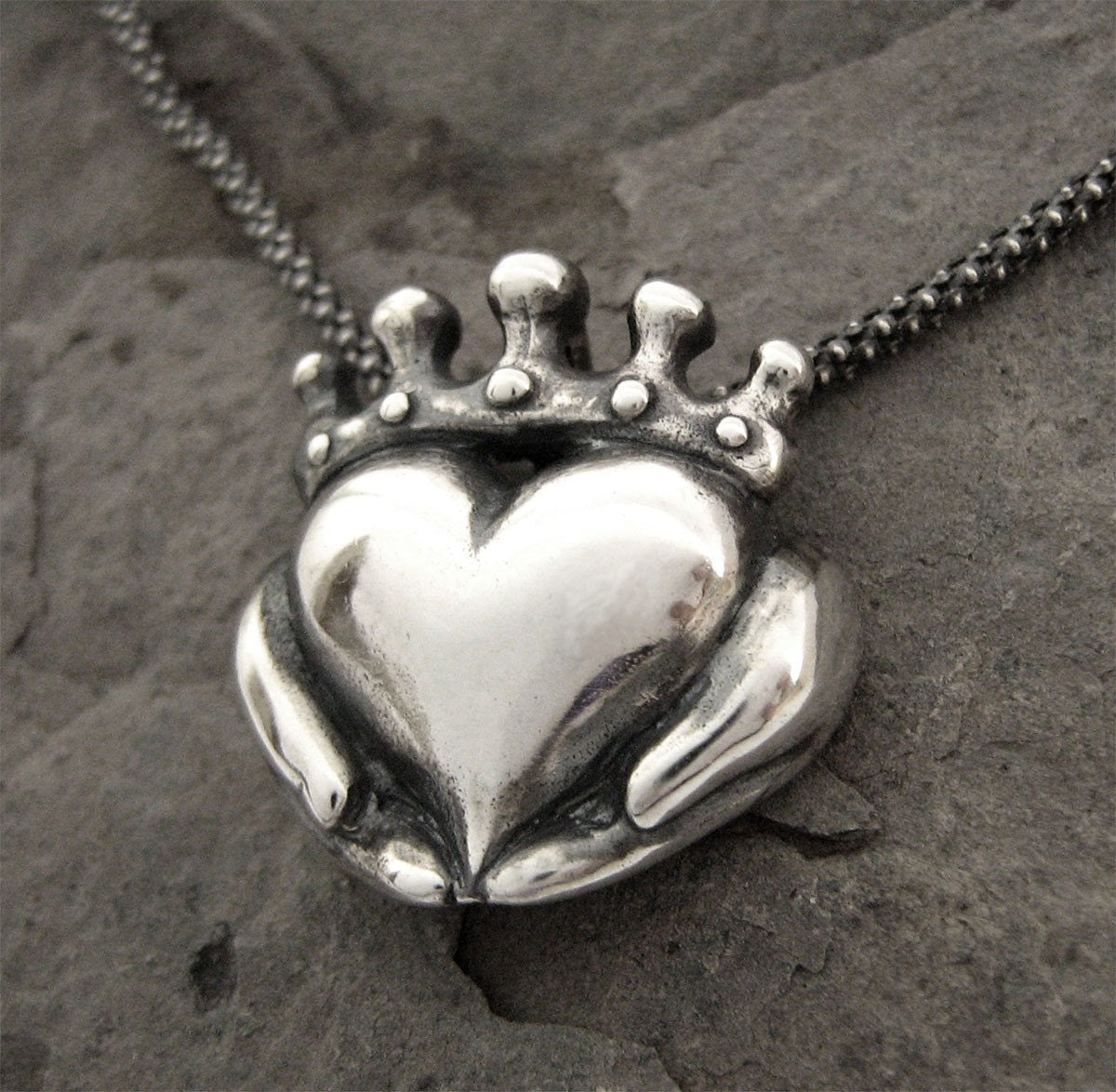 Claddagh Necklace - NEW Antique finish - Solid Sterling Silver - Chain Included - Celtic - Irish Promise - Love - Faith - Rickson Jewellery