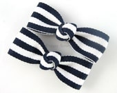Navy Blue Hair Clips - Taffy Striped 2 Inch Barrettes for Baby Toddler Girls - Navy and White Nautical Pair - PoppyBows