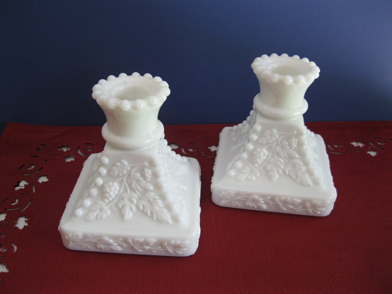 Milk Glass Candle Holders Westmoreland Beaded Grape Design Vintage