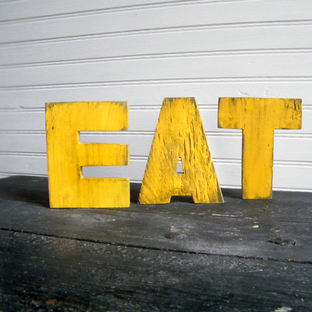 EAT Word Sign Yellow Wood Letters Kitchen Sign