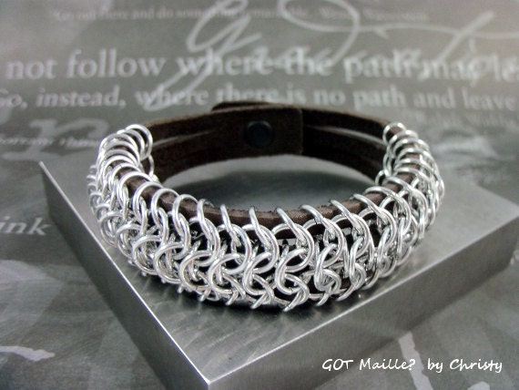 Bracelet  - Chocolate Leather and European Weave Unisex Chainmaille Cuff