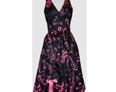 50s style halterneck rockabilly dress Black & Pink rock n roll print with petticoat. One off