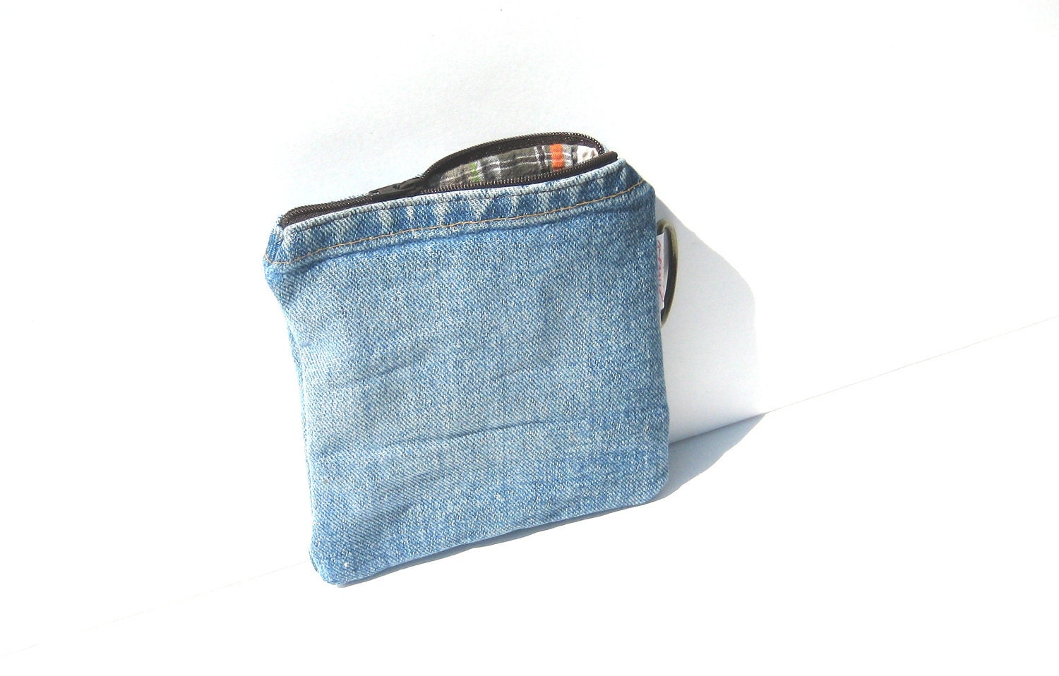 ON SALE Recycled Denim Wallet with fall plaid lining and brown zipper Ready to Ship - SmiLeaGainCreations