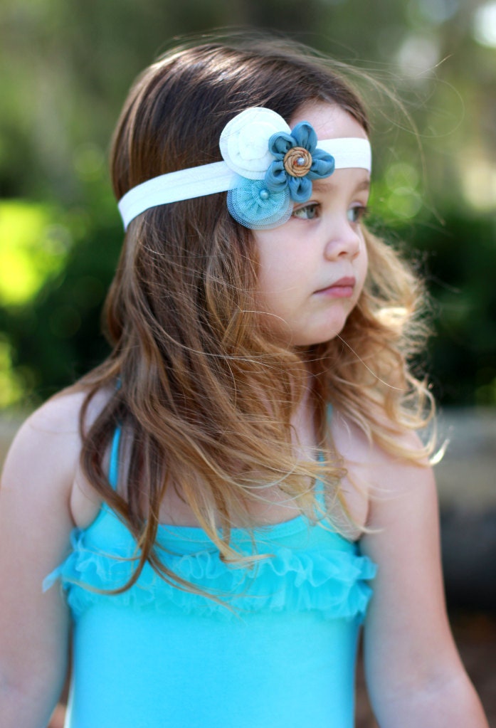 Baby Bow, Girls Bow, Baby Headband, Girls Headband, Flower Bow, Flower Headband, Blue Flowers, Infant Bow, Infant Headband