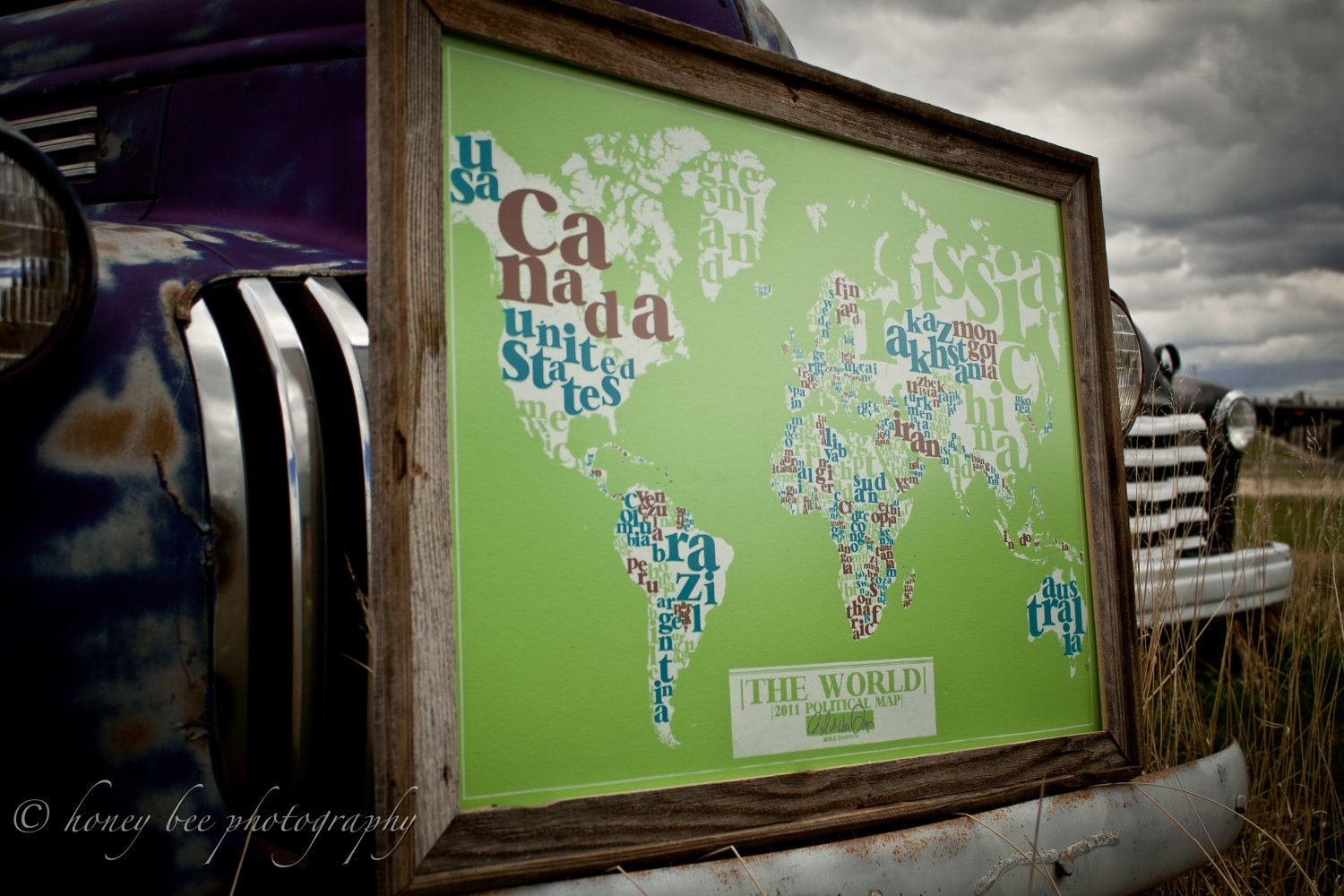LARGE hand-pulled screenprint Political World Typography Map 22"x30"