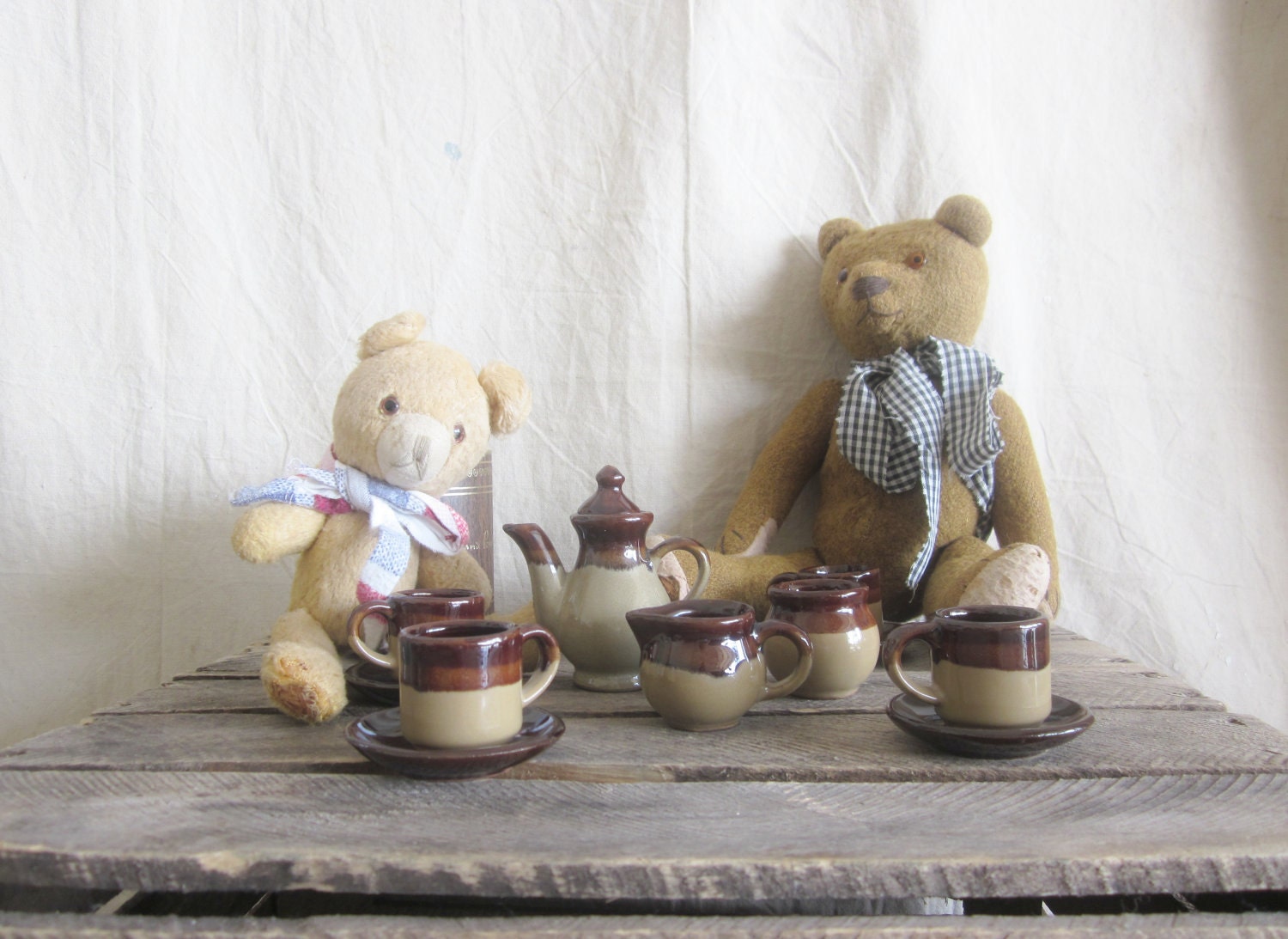 Vintage Toy Dishes Stoneware Tea Set Doll Kitchen Miniature Dollhouse Cups TeaPot