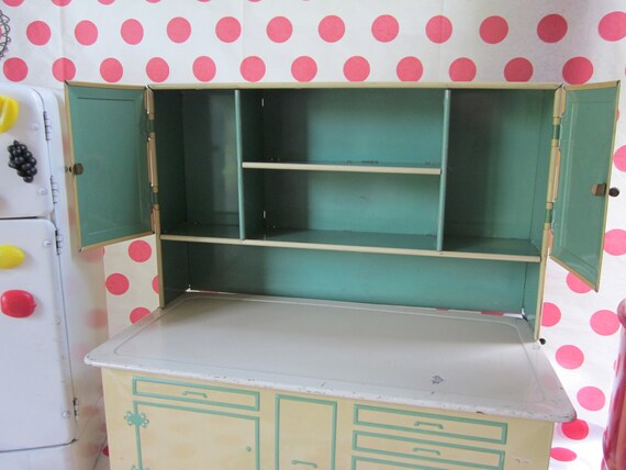 SALE Vintage Tin Toy Kitchen Cupboard Green Play Child Wolverine Kitchen Toy