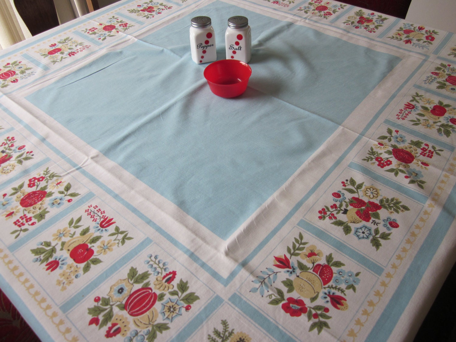 Vintage Kitchen Tablecloth Cherry Strawberry Fruit Pale Blue Cotton Folk Art Dutch
