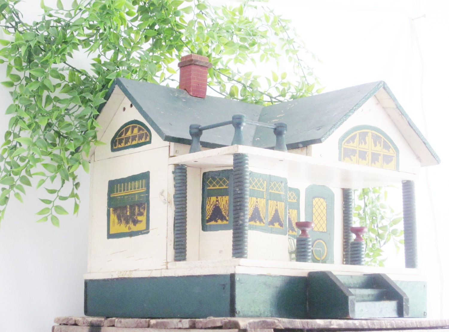 Antique Converse Doll House Toy Primitive Folk Art House Green Yellow Miniature Vintage Dollhouse
