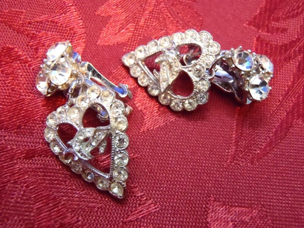 Vintage Rhinestone Heart Earrings with Scimitar and Crescent - Signed ORA for Shriner's